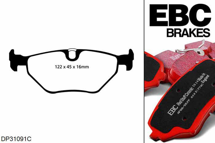 DP31091C, BMW 5 Series (E39), 525 d (2.5 TD) Saloon 2000-2003, EBC Redstuff remblokken set achteras, Voor modellen met ATE remklauwen aan de achteras, Voor modellen met remschijf diameter van 298mm aan de achteras