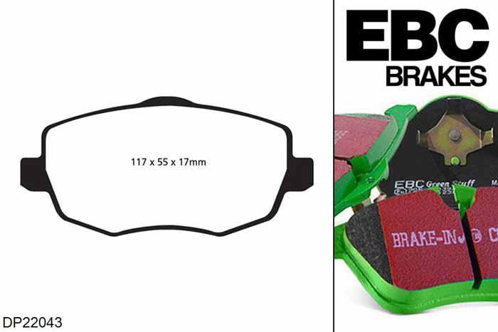 DP22043, Lancia Ypsilon, 1.2 80 PK 2003-2006, EBC Greenstuff remblokken set vooras, Voor modellen met TRW remklauwen aan de vooras, Voor modellen met een remschijf diameter 257mm