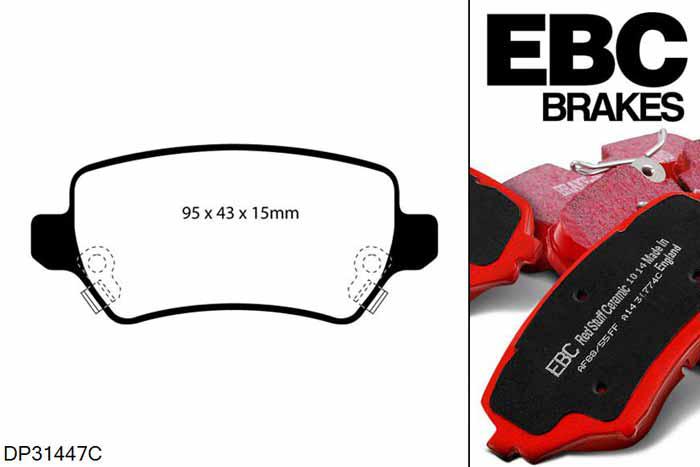 DP31447C, Opel Combo Tour, 1.7 TD 2004-2011, EBC Redstuff remblokken set achteras, Voor modellen met Girling/TRW remklauwen aan de achteras, Voor modellen met remschijf diameter van 264mm aan de achteras