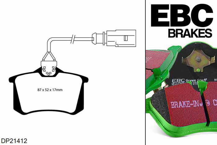 DP21412, VW Sharan, 2.0 TDI 2005-2010, EBC Greenstuff remblokken set achteras, Voor modellen met Girling/TRW remklauwen aan de achteras, Voor modellen met remschijf diameter van 268mm aan de achteras