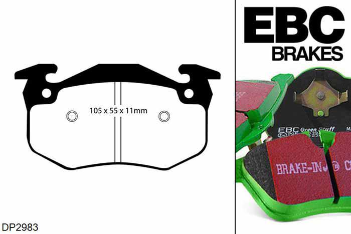 DP2983, Renault Clio Mk2, 2.0 16v 75mm ABS ring 182 PK 2004-2006, EBC Greenstuff remblokken set achteras, Voor modellen met Bendix remklauwen aan de achteras, Voor modellen met remschijf diameter van 238mm aan de achteras