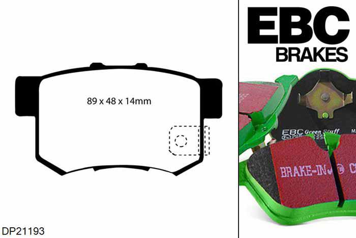 DP21193, Honda Civic (7th Gen), 1.6 (EU6) 2001-2002, EBC Greenstuff remblokken set achteras, Voor modellen met Akebono remklauwen aan de achteras, Voor modellen met remschijf diameter van 260mm aan de achteras