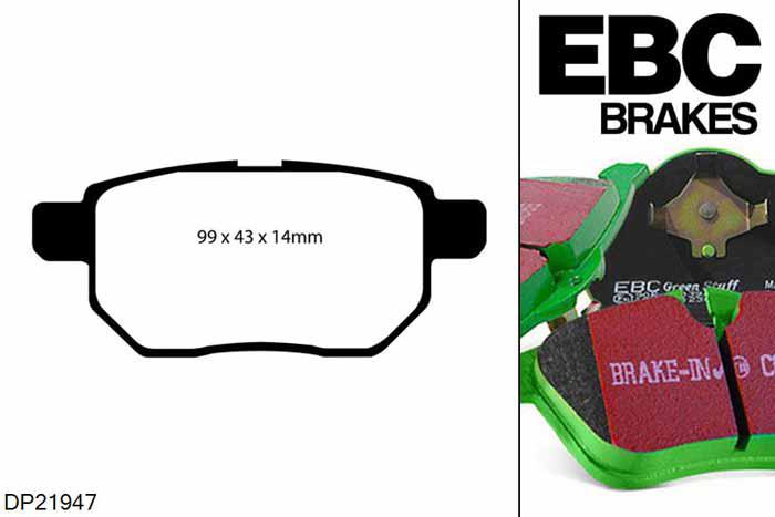 DP21947, Subaru Trezia, 1.4 TD 2012-, EBC Greenstuff remblokken set achteras, Voor modellen met Akebono remklauwen aan de achteras, Voor modellen met remschijf diameter van 259mm aan de achteras