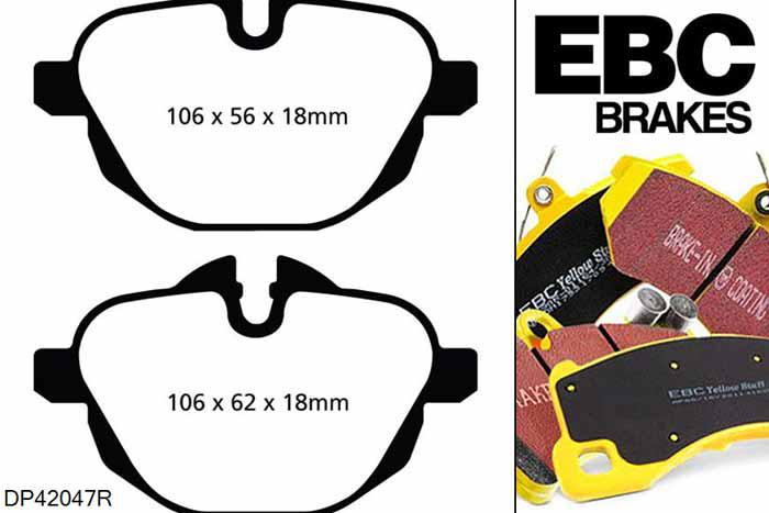 DP42047R, BMW 5 Series (F11), 520 d (2.0 TD) 5 Series (F11), EBC Yellowstuff remblokken set achteras Voor modellen met TRW remklauwen aan de achteras, Voor modellen met remschijf diameter van 330mm aan de achteras