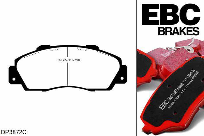 DP3872C, Honda HR-V, 1.6 (4WD) (GH2) 1999-2004, EBC Redstuff remblokken set vooras, Voor modellen met Akebono remklauwen aan de vooras, Voor modellen met een remschijf diameter 282mm