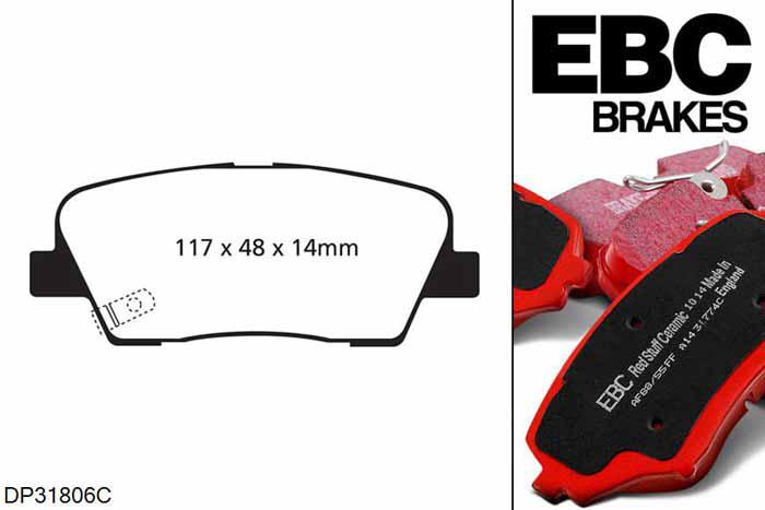 DP31806C, Hyundai Genesis Coupe, 3.8 350 PK 2012-2016, EBC Redstuff remblokken set achteras, Voor modellen met remschijf diameter van 314mm aan de achteras