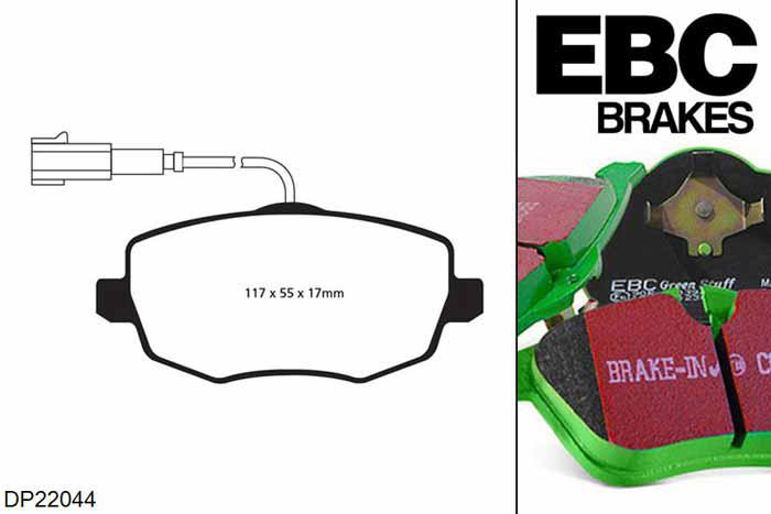 DP22044, Lancia Ypsilon, 1.2 80 PK 2006-2011, EBC Greenstuff remblokken set vooras, Voor modellen met TRW remklauwen aan de vooras, Voor modellen met een remschijf diameter 257mm