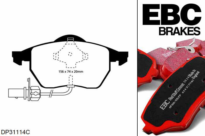 DP31114C, Audi A4 (B5), 2.5 TDI 1999-2001, EBC Redstuff remblokken set vooras, Voor modellen met ATE remklauwen aan de vooras, Voor modellen met een remschijf diameter 288mm