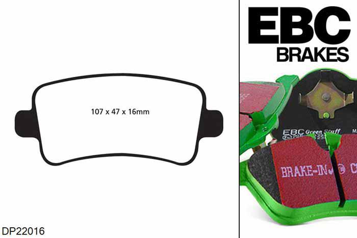 DP22016, Opel Insignia, 1.6 Turbo 180 PK 2009-2013, EBC Greenstuff remblokken set achteras, Voor modellen met TRW remklauwen aan de achteras, Voor modellen met remschijf diameter van 315mm aan de achteras