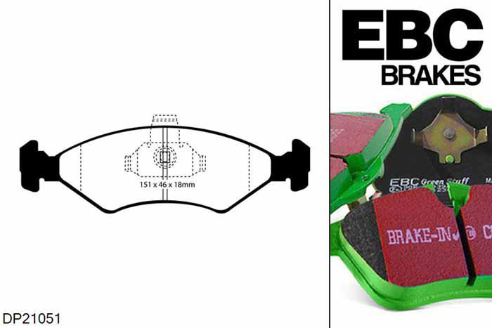 DP21051, Ford Puma, 1.4 1998-2000, EBC Greenstuff remblokken set vooras, Voor modellen met ATE remklauwen aan de vooras, Voor modellen met een remschijf diameter 240mm