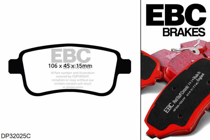 DP32025C, Renault Megane MK3 Coupe, 2.0 Turbo RS 265 PK 2011-2016, EBC Redstuff remblokken set achteras, Voor modellen met Bosch remklauwen aan de achteras, Voor modellen met remschijf diameter van 290mm aan de achteras
