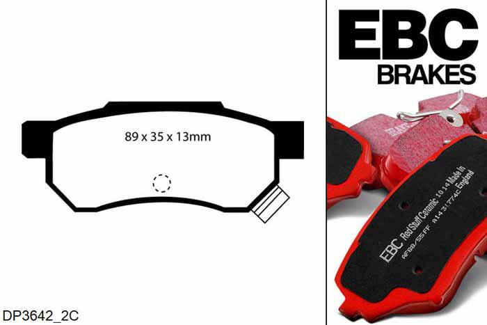 DP3642/2C, Honda Jazz, 1.4 2008-, EBC Redstuff remblokken set achteras, Voor modellen met Akebono remklauwen aan de achteras, Voor modellen met remschijf diameter van 239mm aan de achteras