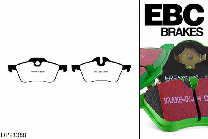 DP21388, Mini Mini Hatch (1st Gen)(R50), 1.6 Cooper 2001-2003, EBC Greenstuff remblokken set vooras, Voor modellen met ATE remklauwen aan de vooras, Voor modellen met een remschijf diameter 276mm