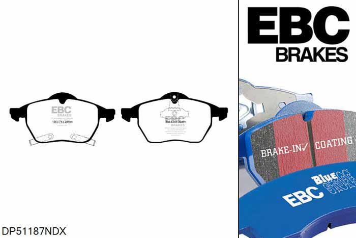 DP51187NDX, Saab 9-mrt, 2.0 1998-2002, EBC Bluestuff remblokken set vooras, Voor modellen met ATE remklauwen aan de vooras, Voor modellen met een remschijf diameter 288mm