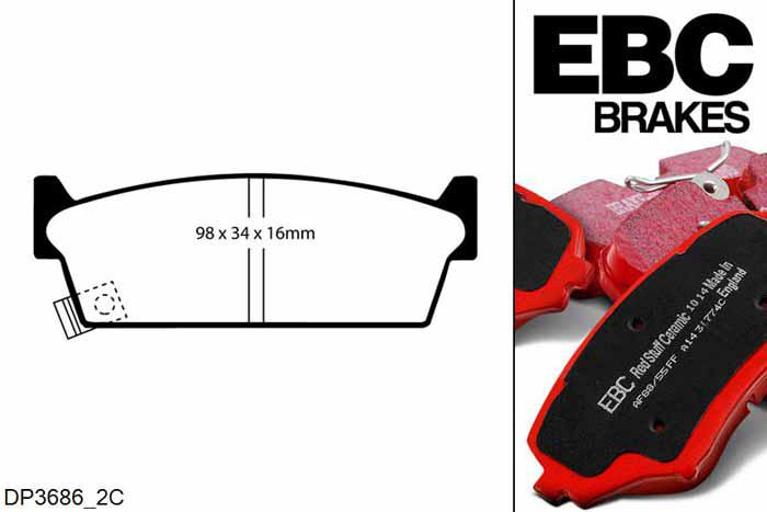 DP3686/2C, Nissan 200SX, 1.8 Turbo (S13) 1988-1991, EBC Redstuff remblokken set achteras, Voor modellen met remschijf diameter van 266mm aan de achteras
