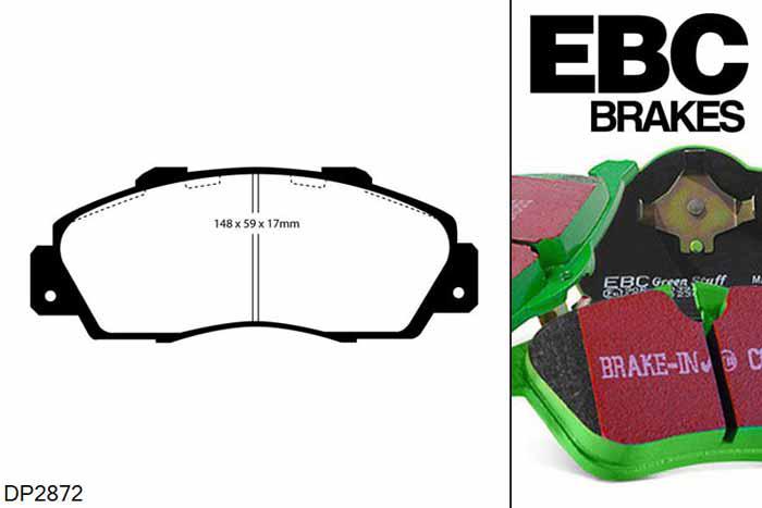 DP2872, Honda Civic (6th Gen), 1.8 VTi VTec (MB6) 1997-2001, EBC Greenstuff remblokken set vooras, Voor modellen met Akebono remklauwen aan de vooras, Voor modellen met een remschijf diameter 282mm
