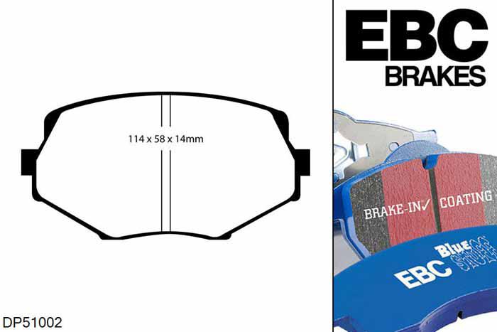DP51002NDX, Mazda MX5 Mk1 (NA), 1.8 1994-1998, EBC Bluestuff remblokken set vooras, Voor modellen met Sumitomo remklauwen aan de vooras, Voor modellen met een remschijf diameter 254mm