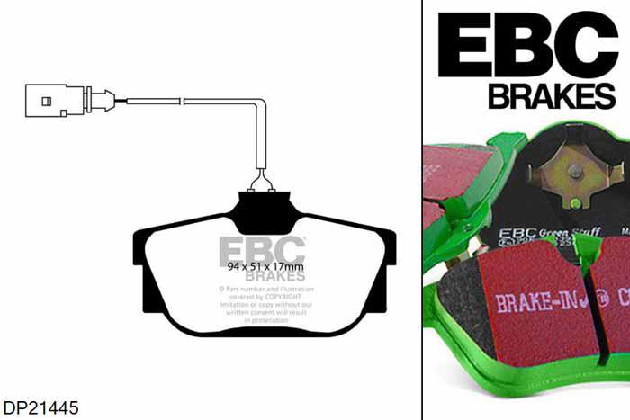 DP21445, VW Transporter (Kombi)/Camper Van, 2.5 TD (T4) 2000-2003, EBC Greenstuff remblokken set achteras, Voor modellen met Girling/TRW remklauwen aan de achteras, Voor modellen met remschijf diameter van 294mm aan de achteras