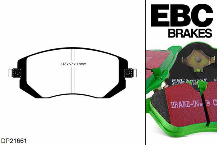 DP21661, Subaru Impreza, 2.0 R 2007-2011, EBC Greenstuff remblokken set vooras, Voor modellen met Tokico remklauwen aan de vooras, Voor modellen met een remschijf diameter 277mm