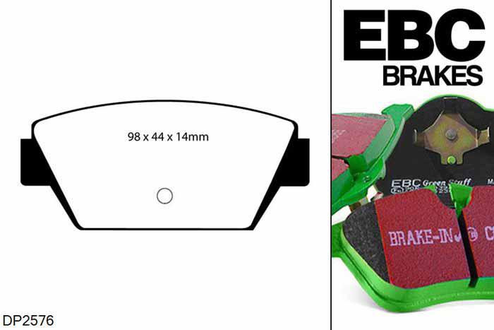 DP2576, Mitsubishi Eclipse, 2.0 2WD 1989-1994, EBC Greenstuff remblokken set achteras, Voor modellen met Akebono remklauwen aan de achteras, Voor modellen met remschijf diameter van 265mm aan de achteras