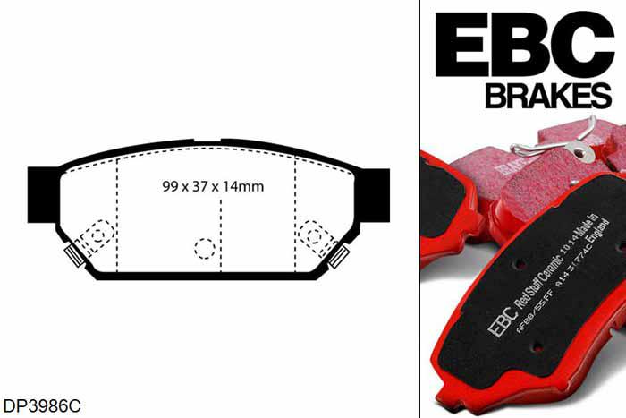 DP3986C, Mitsubishi Lancer Evo 3, 2.0 Turbo 1995-1996, EBC Redstuff remblokken set achteras, Voor modellen met remschijf diameter van 260mm aan de achteras