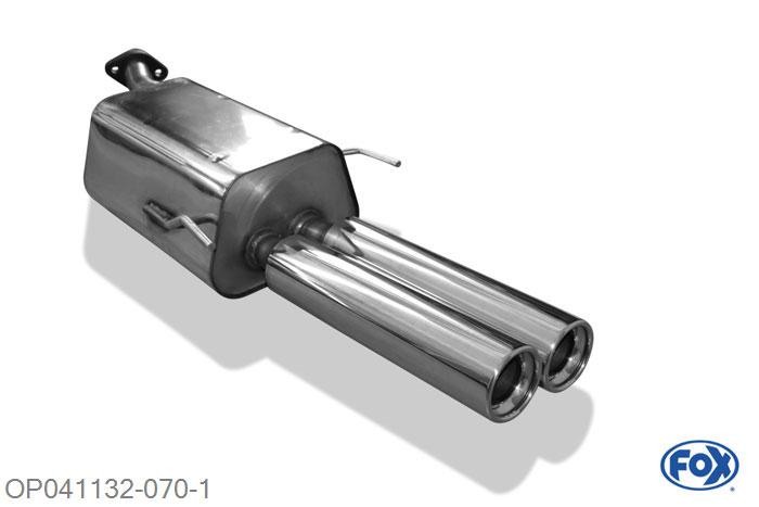 OP041132-070, Opel Astra G Stufenheck 1.4l 66kW 1.6l 55/62/74/76kW 1.8l 85/92kW 2.0l 100kW 2.2l 108kW 1.7l TD 50kW 1.7l TDI 55kW 2.0l DI 60kW 2.0l TD 74kW 2.2 DTi 92kW, Einddemper O60mm - 2x80mm  Type 13 Geheel RVS, Absortie demper, mooie diepe sound, Met E-keur