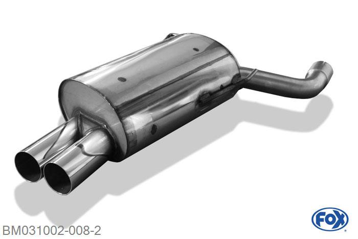 BM031002-008, BMW E39 520i/ 523i/ 525i/ 528i - Limousine 2.0l 100/110kW 2.5l 120/125/141kW 2.8l 142kW, Einddemper met eindstuk 2x76mm  Type 10 Geheel RVS, Absortie demper, mooie diepe sound, Met E-keur
