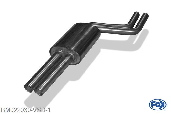 BM022030-VSD, BMW E46 320/ 323/ 325/ 328/ 330 2.0l 110kW 2.2l 125kW 2.5l 125/141kW 2.8l 142kW 3.0l 170kW, Voordemper 50mm Buisdiameter Geheel RVS, Absortie demper, mooie diepe sound, Met E-keur