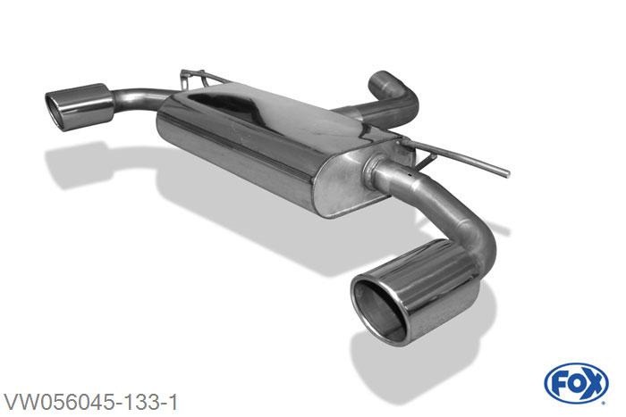 VW056045-133, VW Golf VII  - Onafhankelijke wielophanging - GTI-Look 1.2l 63/77/81kW 1.4l 90/92/103/110kW 1.6l 81kW 1.6l TDI 66/77/81kW 2.0l TDI 81/105/110kW, Einddemper rechts/links - 1x100mm  Type 16 rechts/links 70mm Buisdiameter Geheel RVS, Absortie demper, mooie diepe sound, Met E-keur
