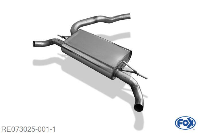 RE073025-001, Renault Clio IV RS 1.6l 147kW, Einddemper met uitgang rechts/links - 1x50 rechts/links voor Serienschurze (Endrohre nicht sichtbar) 63,5mm Buisdiameter Geheel RVS, Absortie demper, mooie diepe sound, Met E-keur