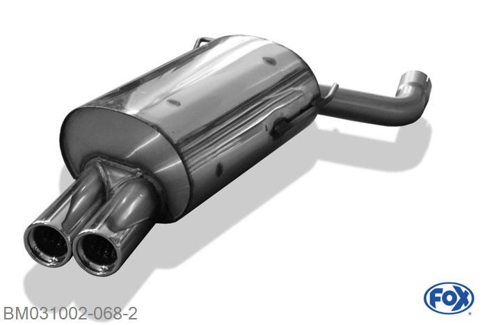 BM031002-068, BMW E39 520i/ 523i/ 525i/ 528i - Limousine 2.0l 100/110kW 2.5l 120/125/141kW 2.8l 142kW, Einddemper met eindstuk 2x76mm  Type 13 Geheel RVS, Absortie demper, mooie diepe sound, Met E-keur