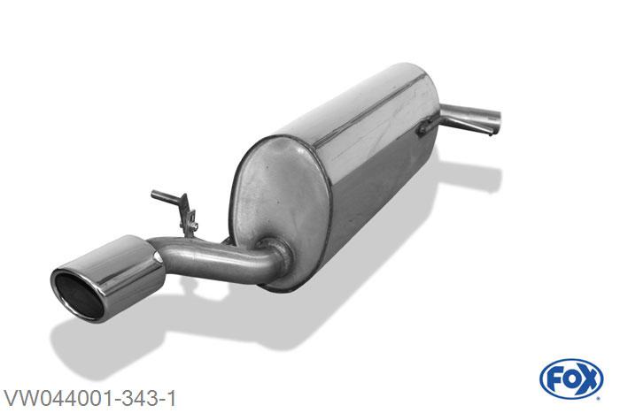 VW044001-343, VW Polo 6R 1.2l 44/51/77kW 1.4l 63kW 1.2l TDI 77kW 1.6l TDI 55/66/77kW, Einddemper met eindstuk 88x74mm  Type 32 55mm Buisdiameter Geheel RVS, Absortie demper, mooie diepe sound, Met E-keur