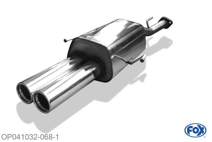 OP041032-068, Opel Astra G Coupe 1.8l 85/92kW 2.2l 108kW, Einddemper dubbele buis passend op original VSD - 2x76mm  Type 13 50mm Buisdiameter Geheel RVS, Absortie demper, mooie diepe sound, Met E-keur
