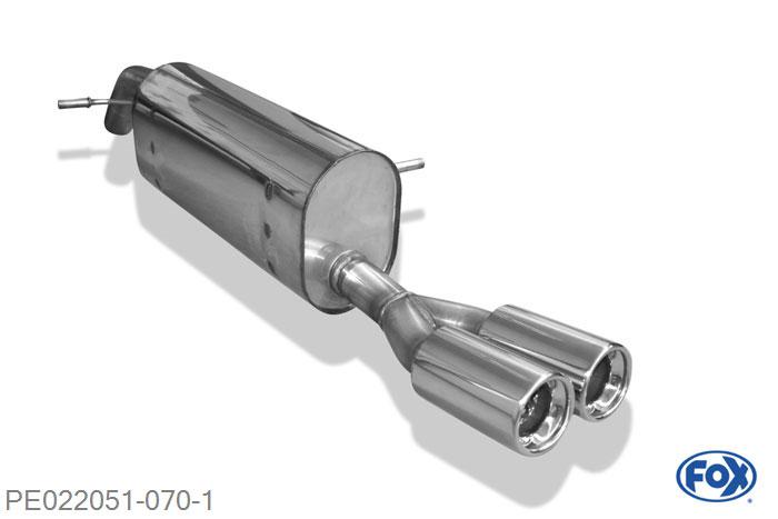PE022051-070, Peugeot 207 SW 1.4l 54/70/72kW 1.6l 88kW 1.6l HDI 66/80kW, Einddemper einseitig - 2x80mm  Type 13 55mm Buisdiameter Geheel RVS, Absortie demper, mooie diepe sound, Met E-keur