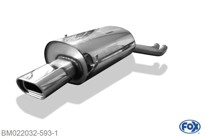 BM022032-593, BMW E46 320/ 323/ 325/ 328/ 330 2.0l 110kW 2.2l 125kW 2.5l 125/141kW 2.8l 142kW 3.0l 170kW, Einddemper dubbele buis - 135x80mm  Type 53 50mm Buisdiameter Geheel RVS, Absortie demper, mooie diepe sound, Met E-keur