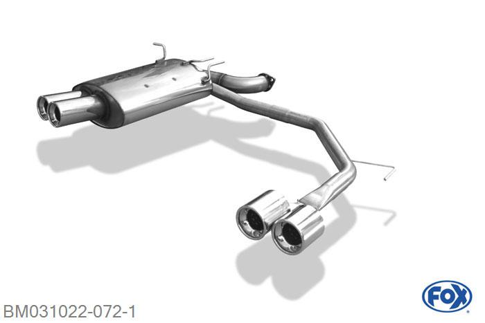 BM031022-072, BMW E39 520i/ 523i/ 525i/ 528i - Limousine 2.0l 100/110kW 2.5l 120/125/141kW 2.8l 142kW, Einddemper met uitgang rechts/links - 2x90mm  Type 13 rechts/links 70/50mm Buisdiameter Geheel RVS, Absortie demper, mooie diepe sound, Met E-keur