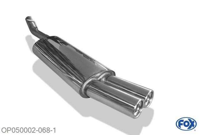 OP050002-068, Opel Vectra A Stufenheck 1.6l 52/55/60kW 1.8l 65/66kW 2.0l 74/85kW 1.7 D 44/60kW 1.7l TD 60kW, Einddemper met eindstuk 2x76mm  Type 13 Geheel RVS, Absortie demper, mooie diepe sound, Met E-keur