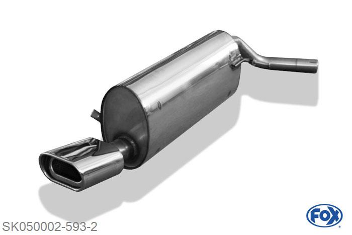 SK050002-593, Skoda Fabia Typ 6Y2/ 5J - 3/5-turig 1.0l 37kW 1.2l 40/ 47kW 1.4l 44/50/55/74kW 1.4l TDI 55kW 1.9l SDI 47kW 1.9l TDI 74kW, Einddemper met eindstuk 135x80mm  Type 53 50mm Buisdiameter Geheel RVS, Absortie demper, mooie diepe sound, Met E-keur