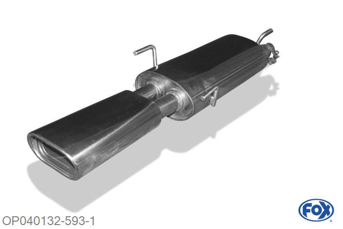 OP040132-593, Opel Astra F Stufenheck 1.4l 44/66/85kW 1.6l 52/55/60/66/74kW 1.8l 66/85/92kW 2.0l 85/100/110kW 1.5l D 53kW 1.6l D 40kW, Einddemper 3-punts ophanging  - 135x80mm  Type 53 Geheel RVS, Absortie demper, mooie diepe sound, Met E-keur