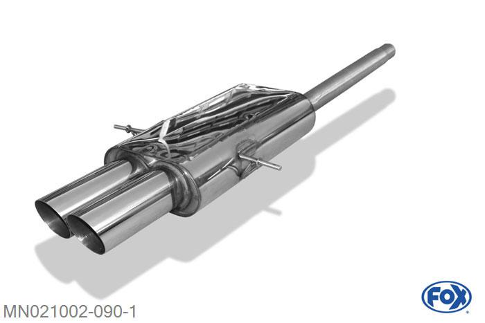 MN021002-090, Mini Cooper S R56 1.6l 128kW, Einddemper met midden uitgang - 2x90mm  Type 14 63,5mm Buisdiameter Geheel RVS, Absortie demper, mooie diepe sound, EG-Gutachten (eintragunsgfrei)