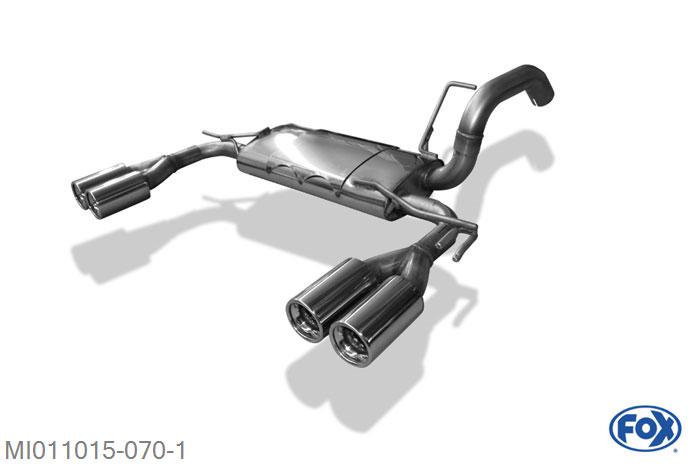MI011015-070, Mitsubishi Colt Typ Z30 5-turer 1.1l 55kW 1.3l 70kW 1.5l 80/110kW 1.5l DI-D 50/70kW, Einddemper met uitgang rechts/links - 2x80mm  Type 13 rechts/links 55mm Buisdiameter Geheel RVS, Absortie demper, mooie diepe sound, Teilegutachten (eintragungspfl