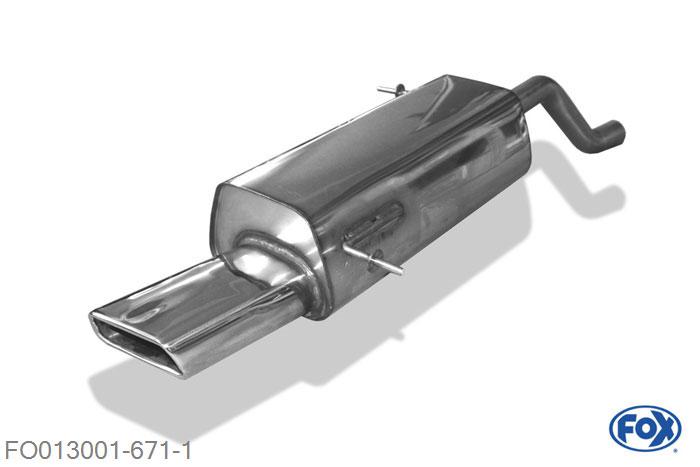 FO013001-671, Ford Fiesta VII/ Fiesta VII Sport - 1,6l 88kW 1.2l 44/60kW 1.4l 71kW 1.6l 88kW, Einddemper met eindstuk 145x65mm  Type 59 50mm Buisdiameter Geheel RVS, Absortie demper, mooie diepe sound, Met E-keur