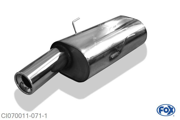 CI070011-071, Citroen Saxo/ Peugeot 106 Sport 1.4l 55kW 1.6l 65kW 1.5l D 40/42kW, Einddemper enkele buis - 1x90mm  Type 13 Geheel RVS, Absortie demper, mooie diepe sound, Met E-keur
