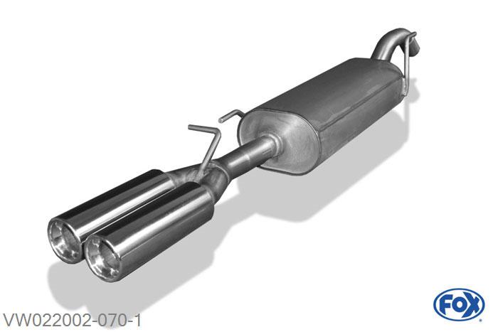 VW022002-070, VW Passat 35i - Bj. ab 10/93` 1.6l 74kW 1.8l 66/79/82kW 2.0l 85kW 1.9l TD 55/59/66kW, Einddemper met eindstuk 2x80mm  Type 13 50mm Buisdiameter Geheel RVS, Absortie demper, mooie diepe sound, Met E-keur