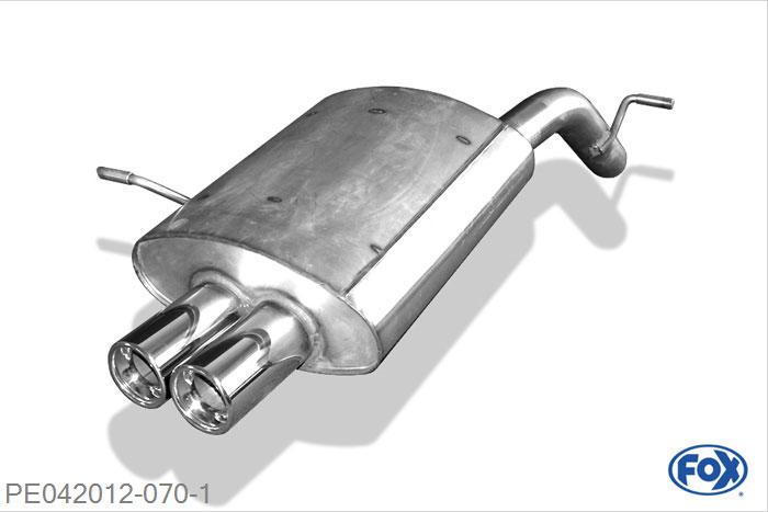 PE042012-070, Peugeot 407 - 2,0l 16V 2.0l 16V 103kW, Einddemper met eindstuk 2x80mm  Type 13 60mm Buisdiameter Geheel RVS, Absortie demper, mooie diepe sound, Met E-keur