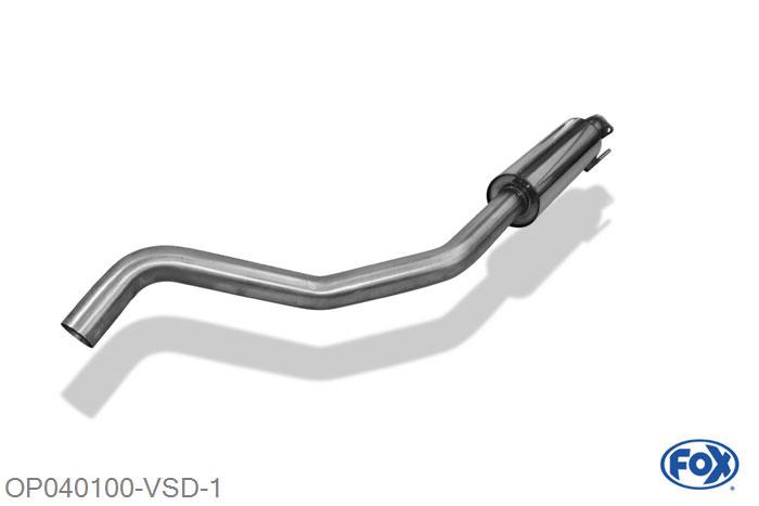 OP040100-VSD, Opel Astra F Caravan 1.4l 44/66/85kW 1.6l 52/55/60/66/74kW 1.8l 66/85/92kW 2.0l 85/100/110kW 1.5l D 53kW 1.6l D 40kW, Voordemper Geheel RVS, Absortie demper, mooie diepe sound, Met E-keur