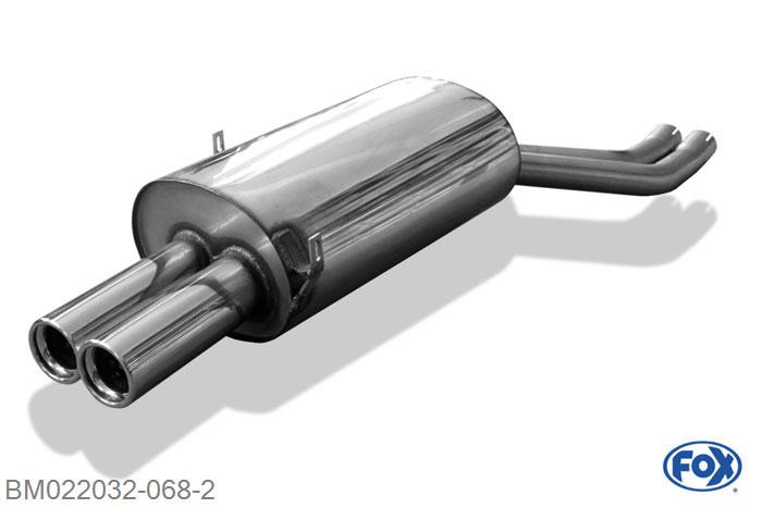BM022032-068, BMW E46 320/ 323/ 325/ 328/ 330 2.0l 110kW 2.2l 125kW 2.5l 125/141kW 2.8l 142kW 3.0l 170kW, Einddemper dubbele buis - 2x76mm  Type 13 50mm Buisdiameter Geheel RVS, Absortie demper, mooie diepe sound, Met E-keur