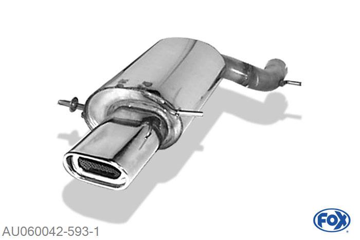 AU060042-593, Audi A4/ S4 Typ B5 quattro 1.8l T 110/132kW 2.4l 120kW 2.6l 110kW 2.7l T 169/195kW 2.8l 128/142kW 1.9l TDI 81/85kW 2.5l TDI 110kW, Einddemper O70mm - 135x80mm  Type 53 70mm Buisdiameter Geheel RVS, Absortie demper, mooie diepe sound, Teilegutachten (eintragungspflichtig)