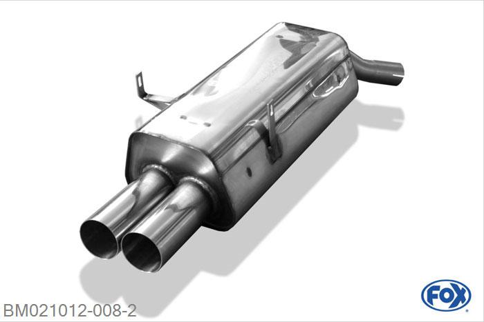 BM021012-008, BMW E36 316/ 318/ 320/ 323/ 325/ 328 1.6l 75kW 1.8l 83/85kW 2.0l 110kW 2.5l 120/125kW 2.5l 141kW 2.8l 142kW, Einddemper met eindstuk 2x76mm  Type 10 55mm Buisdiameter Geheel RVS, Absortie demper, mooie diepe sound, Met E-keur