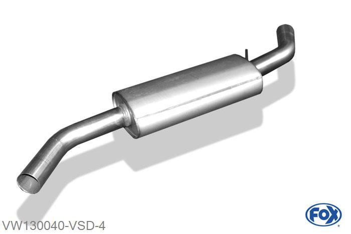 VW130040-VSD, VW T4 - Bus/ Transporter/ Multivan/ Caravelle 1.9l 49kW 2.0l 62kW 2.5l 81/85kW 2.8l 103/150kW 1.9l D/TD 44/50kW 2.4l D 55/57kW 2.5l TDI 65/75/111kW, Voordemper 63,5mm Buisdiameter Geheel RVS, Absortie demper, mooie diepe sound, Met E-keur